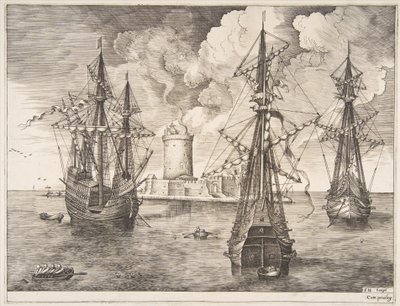 Cuatro-mástiles y Dos Tres-mástiles Anclados cerca de una Isla Fortificada de Frans Huys