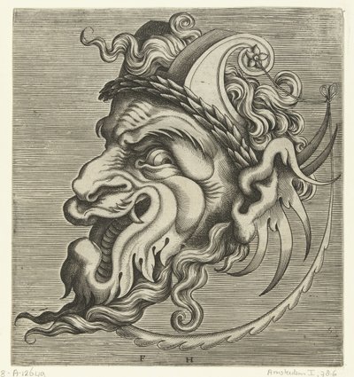 Máscara de perfil con dos cuernos de volutas y una corona de laurel Pourtraicture ingenieuse de plusieurs facons de masques… (título de la serie) de Frans Huys