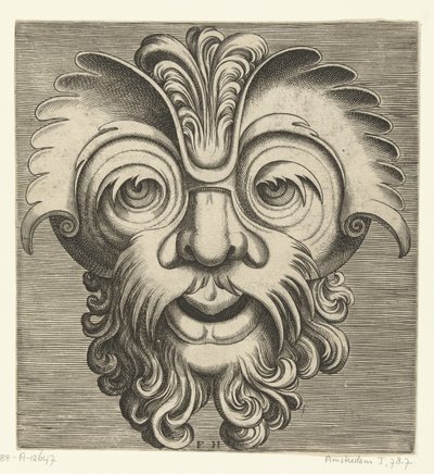 Máscara con barba y bigote con rizos, un mechón de rizos descansa sobre la raíz de la nariz Pourtraicture ingenieuse de plusieurs facons de masques… (título de la serie) de Frans Huys
