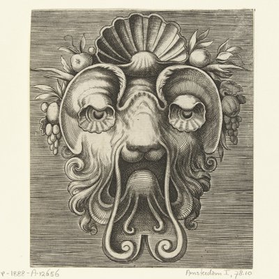Máscara con ojos en forma de concha y una concha entre racimos de frutas en la frente Pourtraicture ingenieuse de plusieurs facons de masques… (título de la serie) de Frans Huys