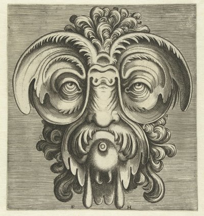 Máscara con platillos alrededor de los ojos y un mechón de rizos en la cabeza Pourtraicture ingenieuse de plusieurs facons de masques… (título de la serie) de Frans Huys