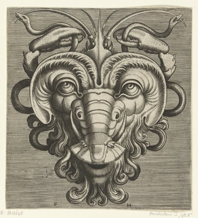 Máscara con dos pinzas de langosta sujetando serpientes Pourtraicture ingenieuse de plusieurs facons de masques… (título de la serie) de Frans Huys