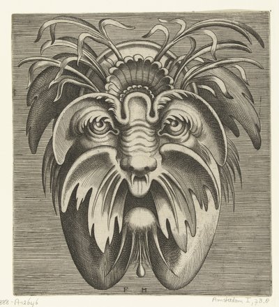 Máscara con mejillas caídas y bigote, hay hierbas en el cabello. Pourtraicture ingenieuse de plusieurs facons de masques… (título de la serie) de Frans Huys
