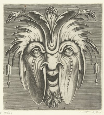 Máscara con mejillas caídas y racimos de bayas en el pelo
Pourtraicture ingenieuse de plusieurs facons de masques... (título de la serie) de Frans Huys