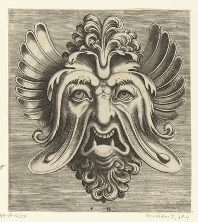 Máscara con mejillas caídas, dos dientes inferiores puntiagudos y un mechón de rizos que descansan sobre la raíz de la nariz. Pourtraicture ingenieuse de plusieurs facons de masques… (título de la serie) de Frans Huys