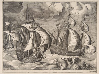 Tres carabelas en una tormenta creciente con Arion en un delfín de Los barcos de vela, 1561-65 de Frans Huys
