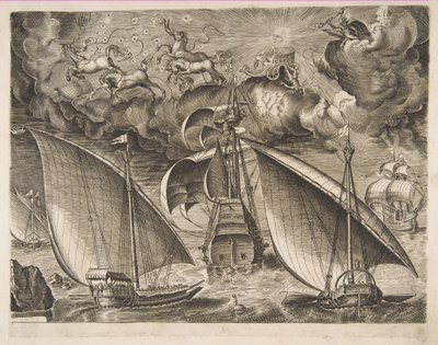 Dos galeras navegando detrás de un tres mástiles armado con Faetón y Júpiter en el cielo, 1561-65 de Frans Huys