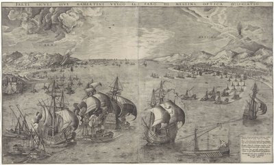 Zeeslag en de Straat van Messina Una delineación óptica de los sicilianos del mar y del faro di Messina (título sobre objeto) de Frans Huys