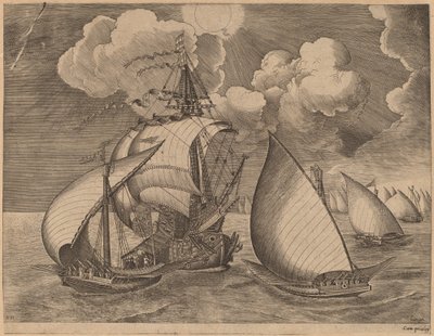 Una flota de galeras escoltada por una carabela de Frans Huys after Pieter Bruegel the Elder