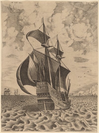 Velero Armado de Cuatro Palos Navegando hacia un Puerto de Frans Huys after Pieter Bruegel the Elder