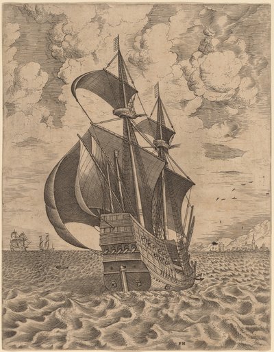 Cuatro mástiles armados navegando hacia un puerto de Frans Huys after Pieter Bruegel the Elder
