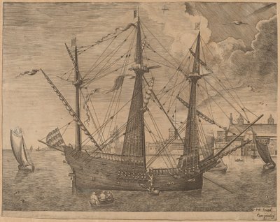 Tres Mástiles Armados Anclados Cerca de una Ciudad de Frans Huys after Pieter Bruegel the Elder