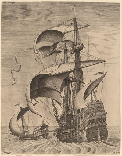 Tres mástiles armados en el mar abierto, acompañados por una galera de Frans Huys after Pieter Bruegel the Elder