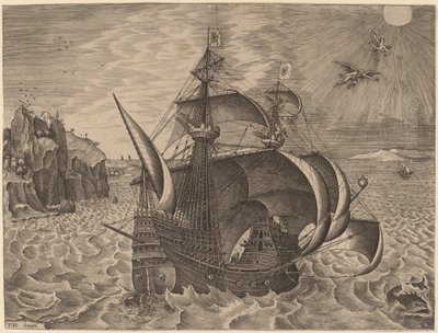 Tres mástiles armados con Dédalo e Ícaro en el cielo de Frans Huys after Pieter Bruegel the Elder