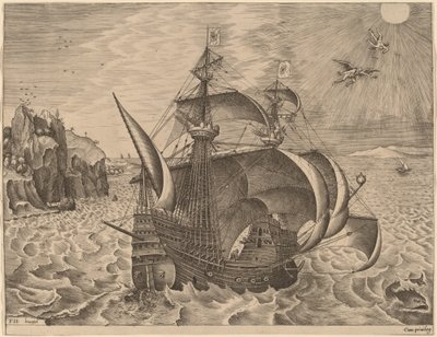 Tres mástiles armados con Dédalo e Ícaro en el cielo de Frans Huys after Pieter Bruegel the Elder