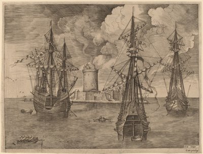 Cuatro mástiles (izquierda) y dos tres mástiles anclados cerca de una isla fortificada con un faro de Frans Huys after Pieter Bruegel the Elder