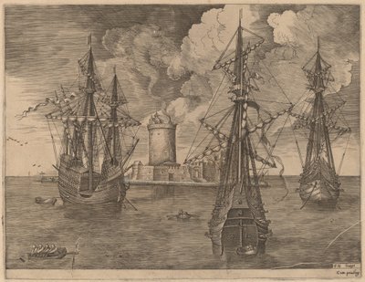 Cuatro mástiles (izquierda) y dos tres mástiles anclados cerca de una isla fortificada con un faro de Frans Huys after Pieter Bruegel the Elder