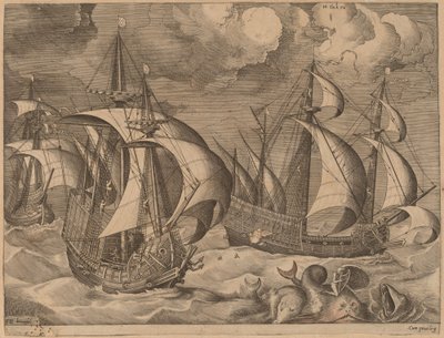 Tres carabelas en una tormenta creciente con Adrion en un delfín de Frans Huys after Pieter Bruegel the Elder