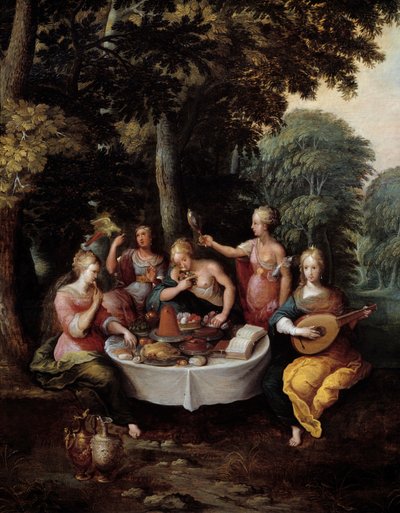 Los cinco sentidos: mujeres jóvenes en un paisaje con banquete (gusto), música (oído), espejo (vista), ramo de flores (olfato) y caricia (tacto). (detalle) de Frans II Francken
