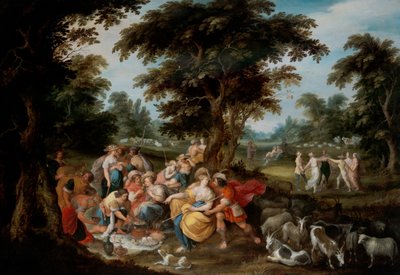 Arcadia: un paisaje pastoral con pastores y pastoras en picnic de Frans II the Younger Francken
