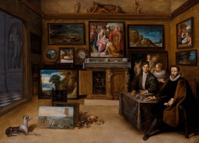 El interior de un gabinete de coleccionista con Justus Lipsius y dos conslefhebbers de Frans II the Younger Francken