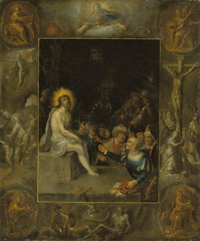 La Burla de Cristo, en un entorno grisaille que representa a Dios Padre, los Evangelistas, La Crucifixión, La Resurrección y El Diablo y la Muerte con la Serpiente Coronada de Frans II the Younger Francken