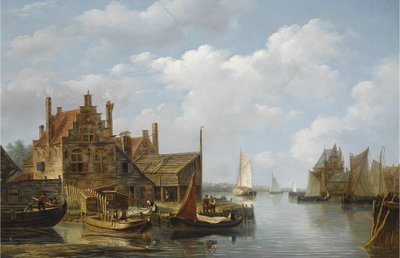 Vista de un pueblo ribereño de Frans Jacobus van den Blijk