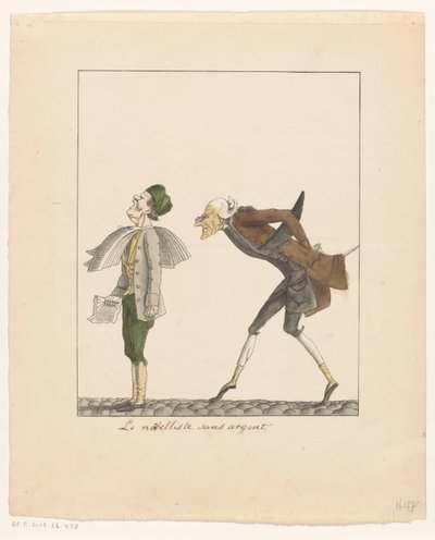 El hombre intenta leer el periódico desde la parte de atrás de un repartidor de periódicos Le nouvelliste sans argent (título sobre objeto) de Frans Jan baron van Heeckeren