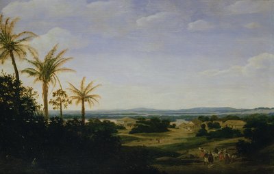 Paisaje brasileño con la residencia portuguesa, la iglesia y la Casa Granda, el río Varzea al fondo de Frans Post