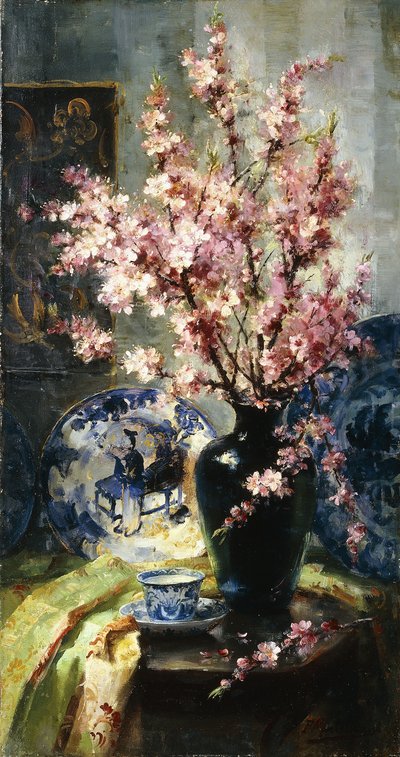 Flores de manzano y porcelana azul y blanca en una mesa de Frans Mortelmans