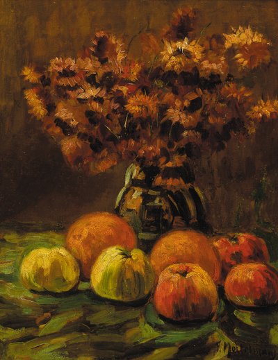 Manzanas, naranjas y un jarrón de flores en una mesa de Frans Mortelmans