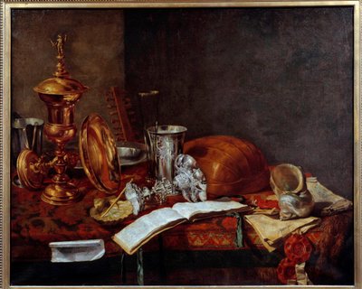 Naturaleza muerta con objetos de arte (Copa de cobre, platería, laúd) de Frans Ryckhals