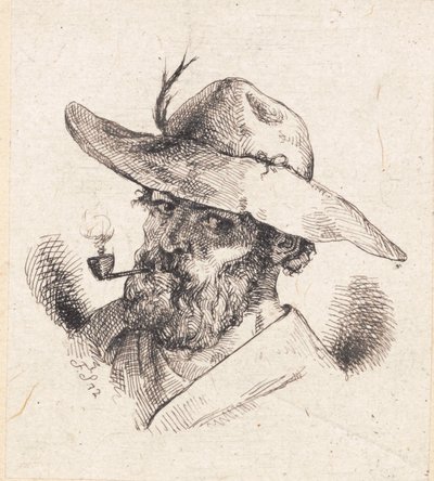 Cabeza de un hombre barbudo con sombrero de ala ancha y pipa de Frans Schwartz