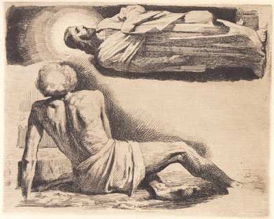 Placa de prueba: Hombre acostado y una figura de Cristo arriba de Frans Schwartz