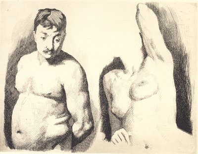 Placa de prueba con dos estudios de modelos desnudos masculinos y femeninos en medio cuerpo de Frans Schwartz