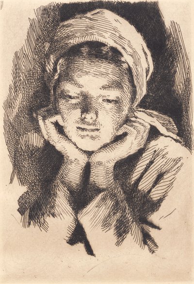 Joven mujer con gorro, de frente, apoyando la cabeza en las manos. Retrato de busto de Frans Schwartz