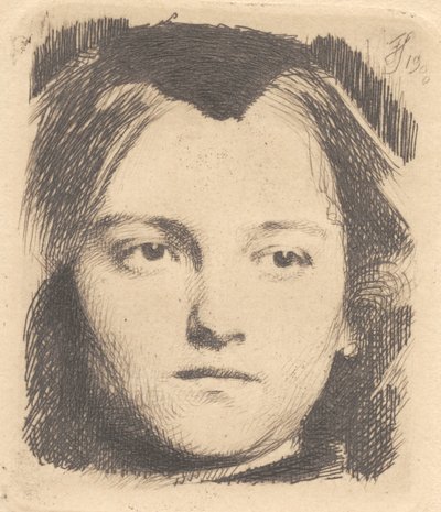 Cabeza de mujer joven, de frente, con gorro. Placa de prueba de Frans Schwartz
