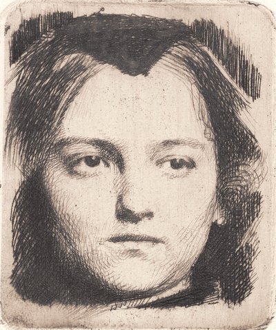 Cabeza de mujer joven, de frente, con gorro. Placa de prueba de Frans Schwartz