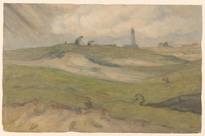 Paisaje de dunas con el faro y las redes de Frans Alexander Evert Lodewijk Smissaert