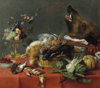Mesa drapeada cargada de caza, frutas, verduras y una cabeza de jabalí. de Frans Snyders