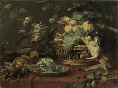 Monos y loro cerca de una cesta de fruta de Frans Snyders