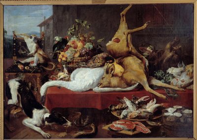 Naturaleza muerta con caza (faisán, ganso, ciervo), trozo de pescado, cangrejo, legumbres de Frans Snyders