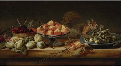 Bodegón con melocotones en una Tazza, avellanas en un plato de peltre, frambuesas en una cesta, con peras y una ardilla sobre una mesa
óleo sobre tabla de Frans Snyders