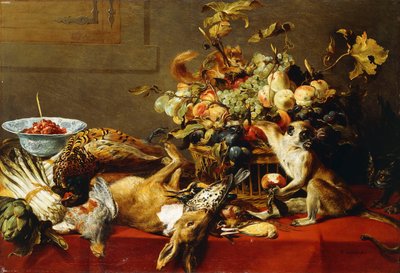 Una Cesta de Frutas en una Mesa con Caza Muerta y un Mono de Frans Snyders or Snijders