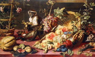 Una canasta de frutas derramada en una mesa cubierta con monos de Frans Snyders or Snijders