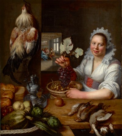 Scene de cooking avec scene du Christ a Emmaus - Escena de cocina con Cristo en Emaús, de Snyders (Snijders), Frans (1579-1657). Óleo sobre lienzo, Entre 1615 y 1620. Dimensión : 114,5x102 cm. Museo Nacional Brukenthal, Sibiu de Frans Snyders or Snijders