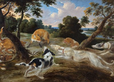 Un zorro a raya rodeado de sabuesos de Frans and Wildens Jan Snyders