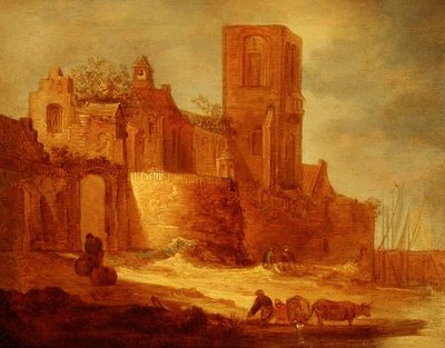 Una abadía en ruinas junto a un canal con campesinos y ganado en primer plano de Frans de Hulst