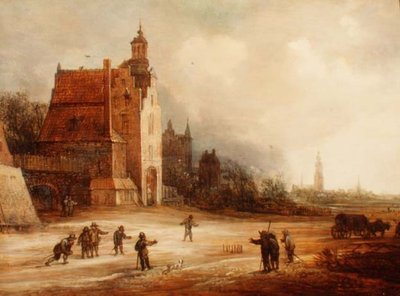 Soldados jugando a los bolos en un camino, Breda al fondo de Frans de Momper