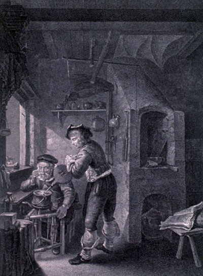 Un laboratorio del siglo XVII de Frans van (after) Mieris